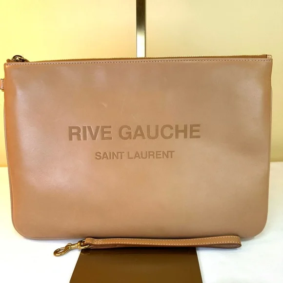 Saint Laurent Rive Gauche Zip Clutch Calfskin Camel NWOT COA - Picture 7 of 14